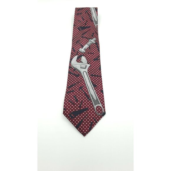 Home Improvement Giant Wrench Novelty Tie Red With Polka Dots & Tools Design - Picture 3 of 7